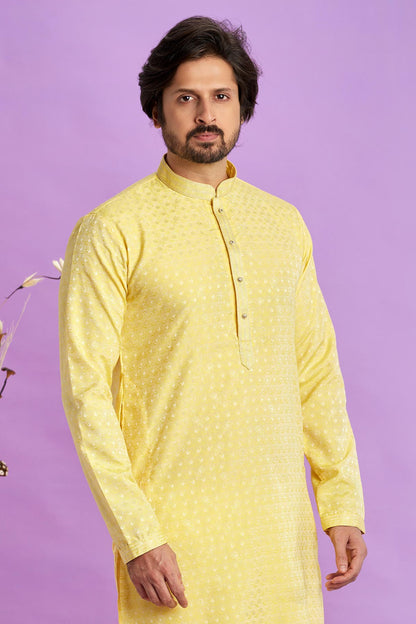 Jacquard Art Soft Silk Pintux Work Kurta Pajama In Yellow Colour KP1230489 2