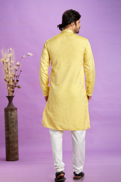 Jacquard Art Soft Silk Pintux Work Kurta Pajama In Yellow Colour KP1230489 3