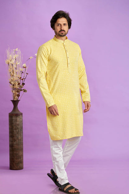 Jacquard Art Soft Silk Pintux Work Kurta Pajama In Yellow Colour KP1230489