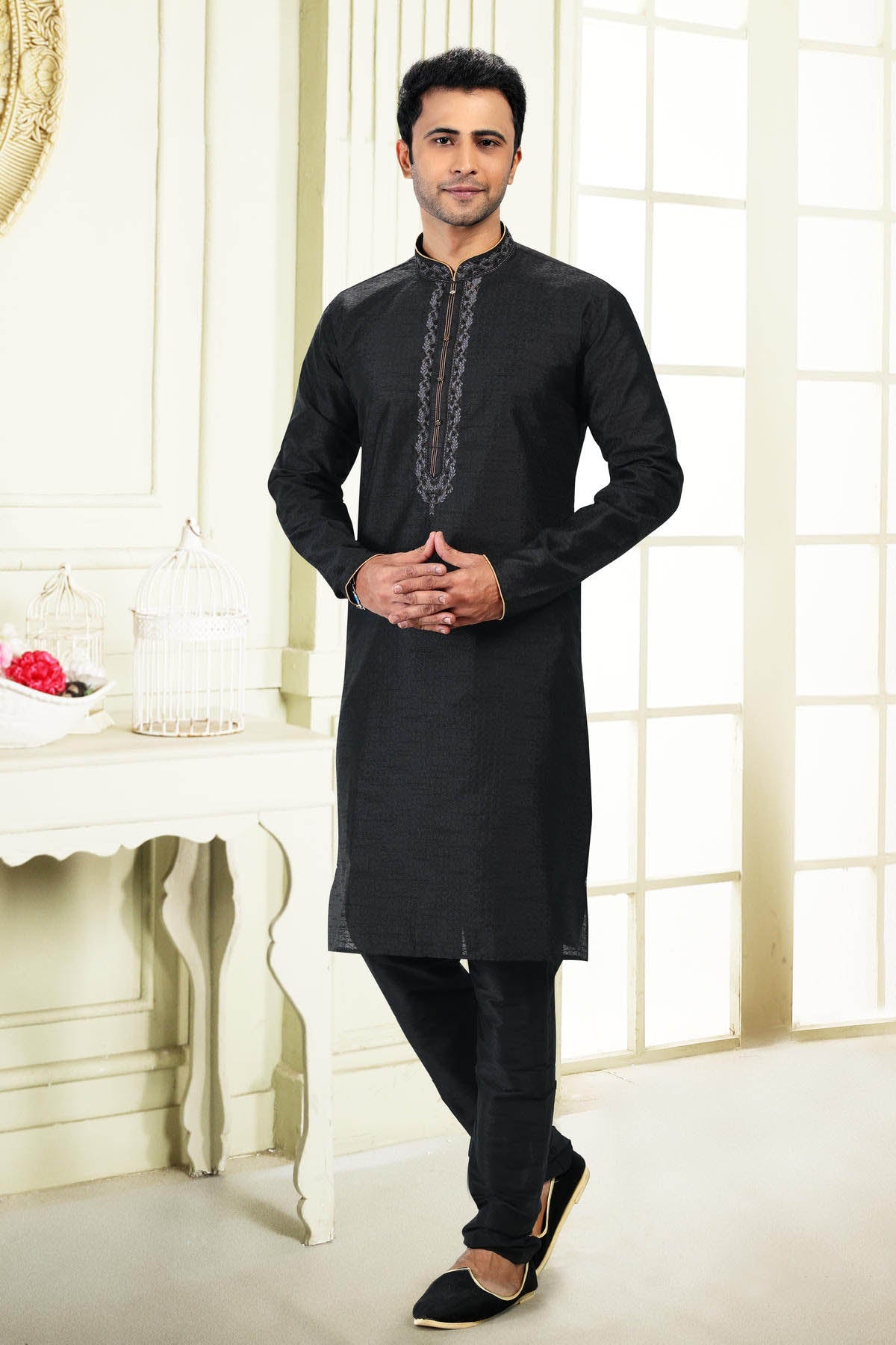 Jacquard Banarasi Silk Kurta Pajama In Black colour KP1230360 A