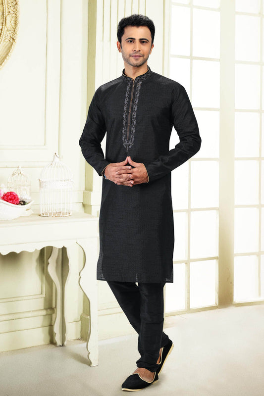 Jacquard Banarasi Silk Kurta Pajama In Black colour KP1230360 A