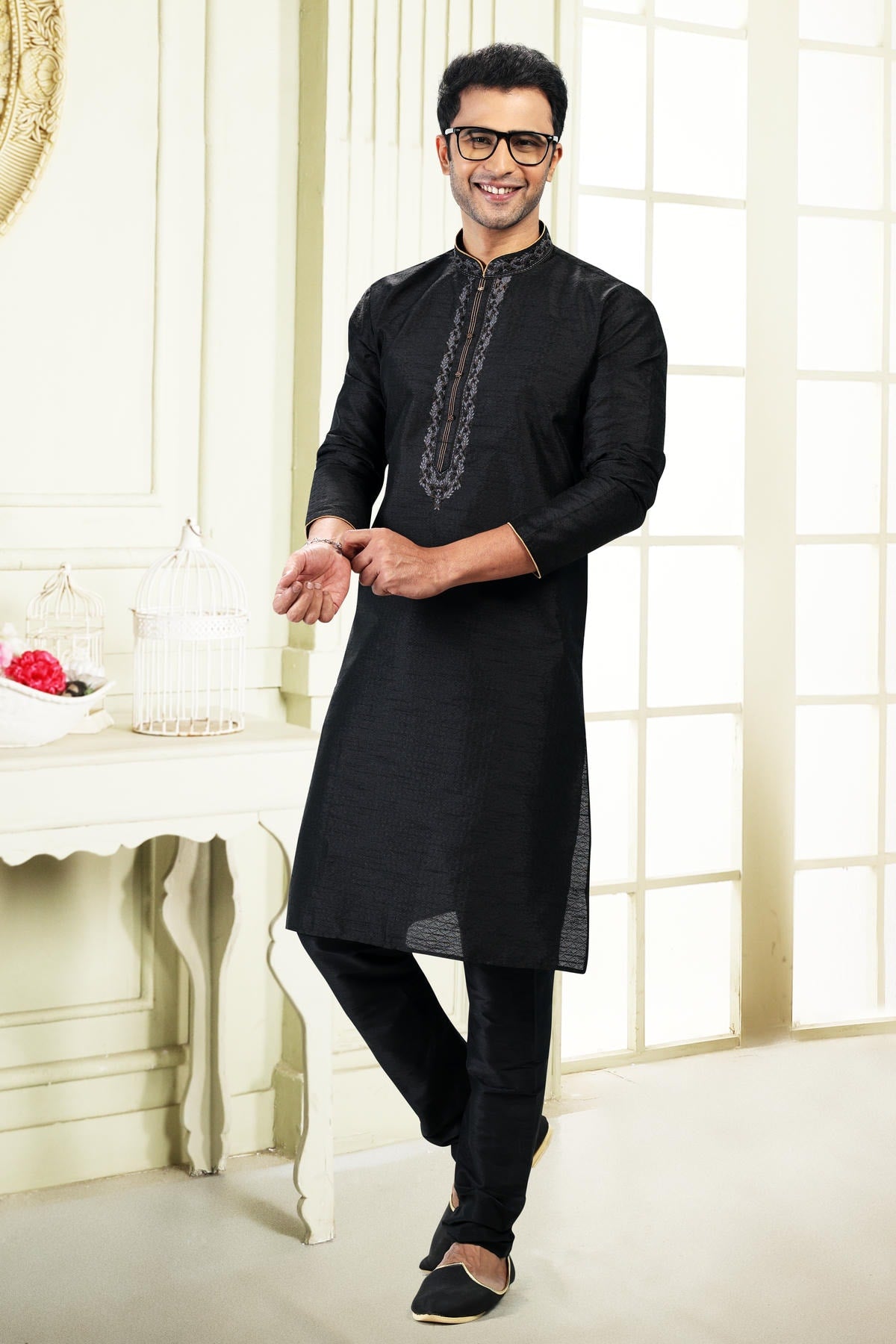 Jacquard Banarasi Silk Kurta Pajama In Black colour KP1230360 B