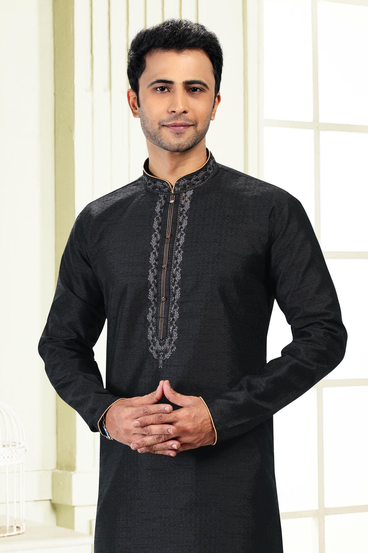 Jacquard Banarasi Silk Kurta Pajama In Black colour KP1230360 D