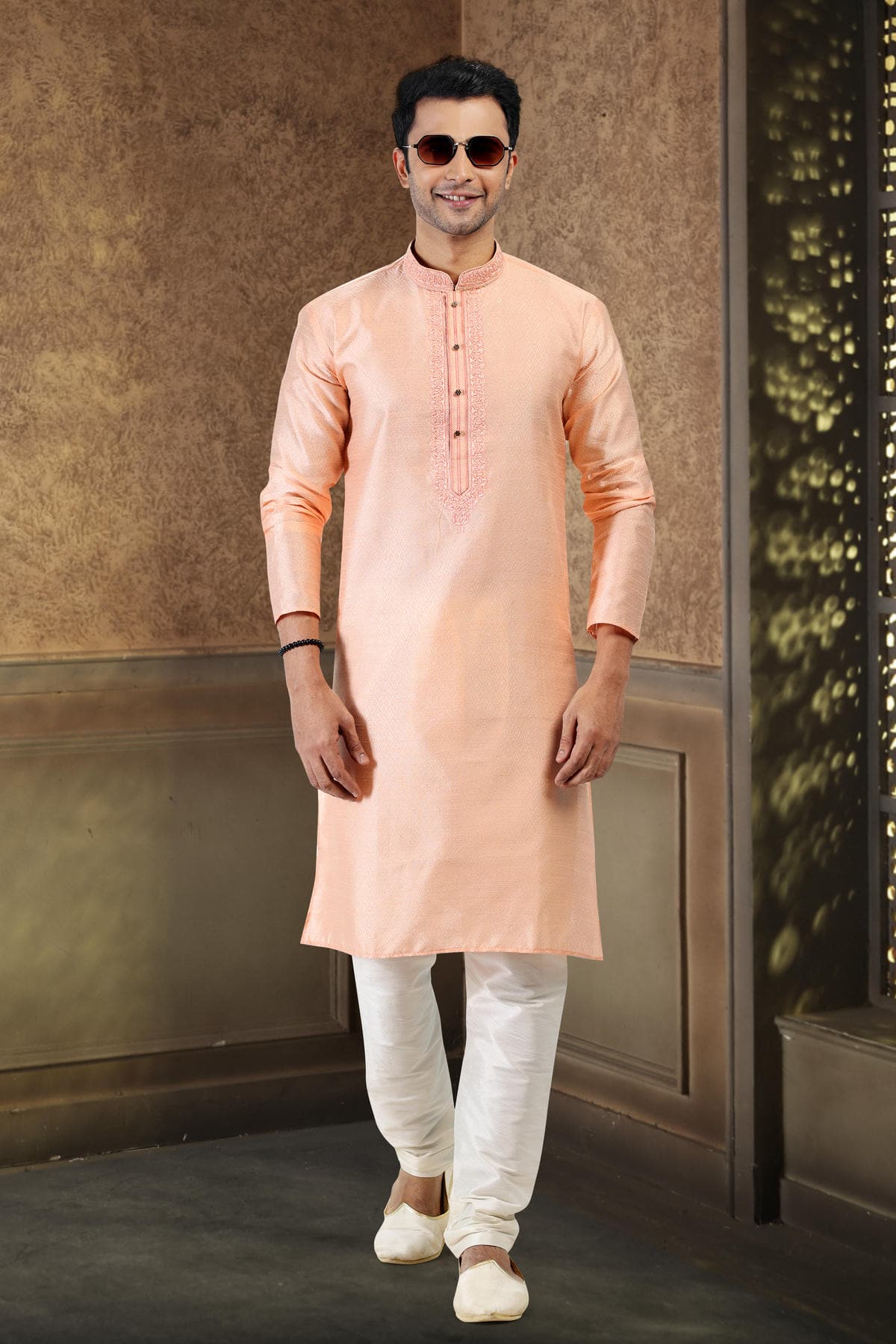 Jacquard Banarasi Silk Kurta Pajama In Cream colour KP1230356 B