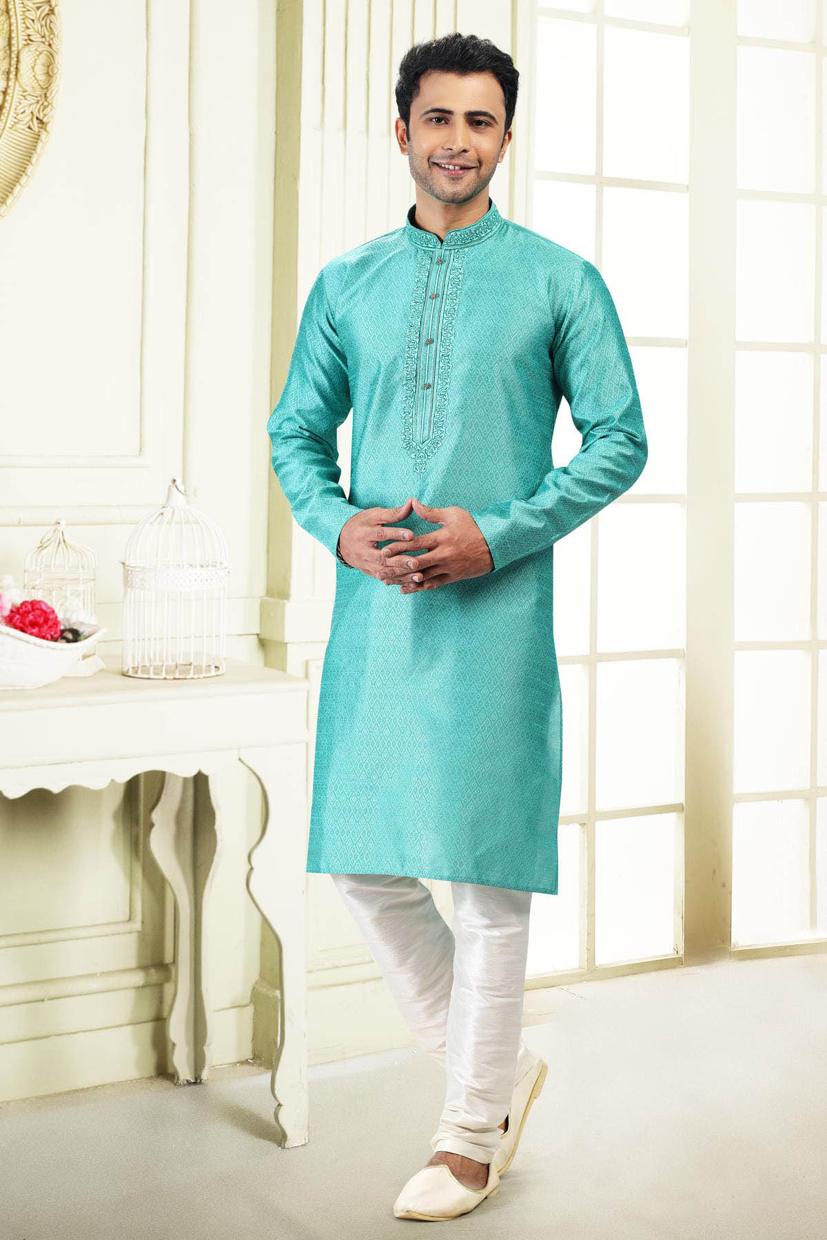 Jacquard Banarasi Silk Kurta Pajama In Cream colour KP1230357 A