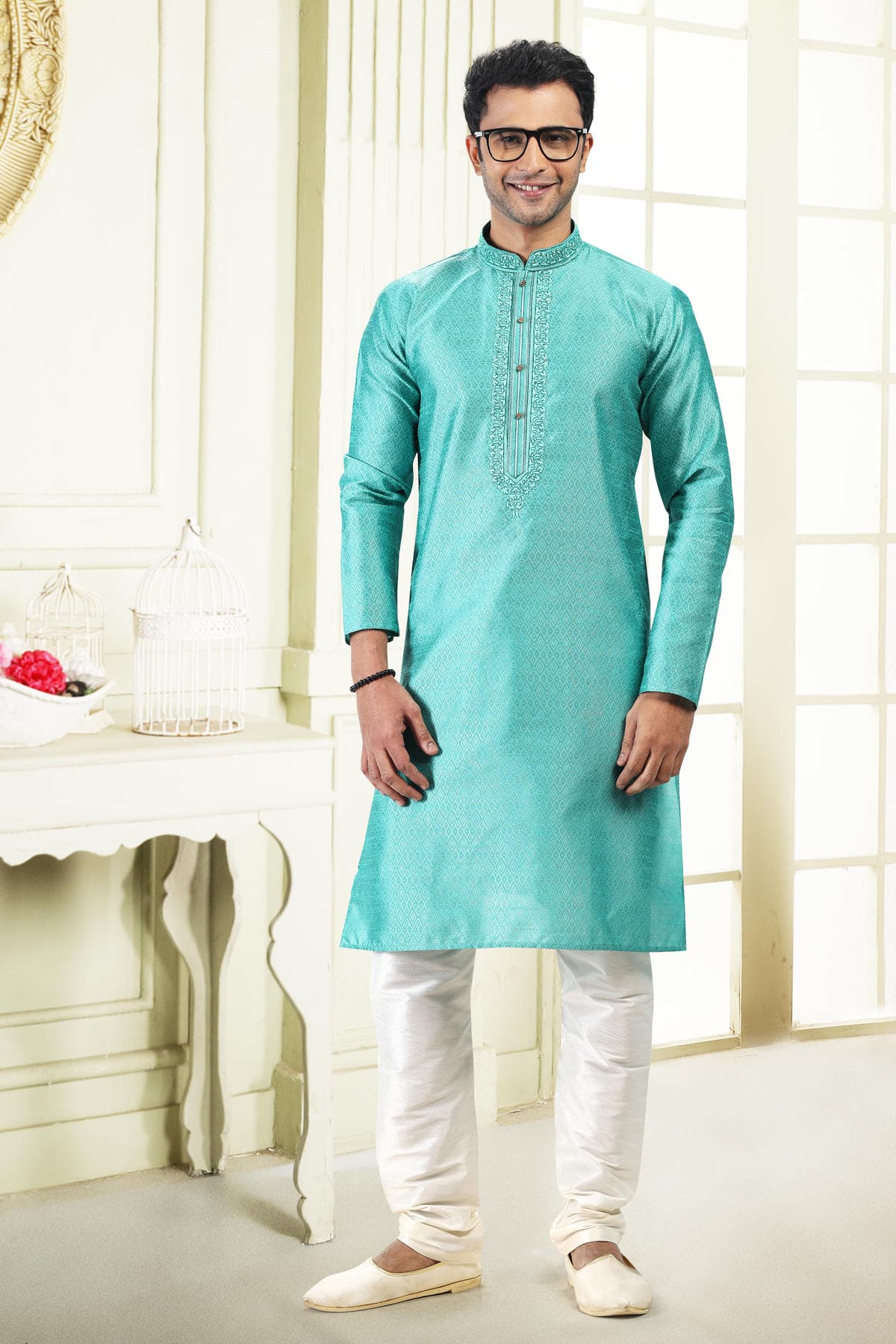 Jacquard Banarasi Silk Kurta Pajama In Cream colour KP1230357 B