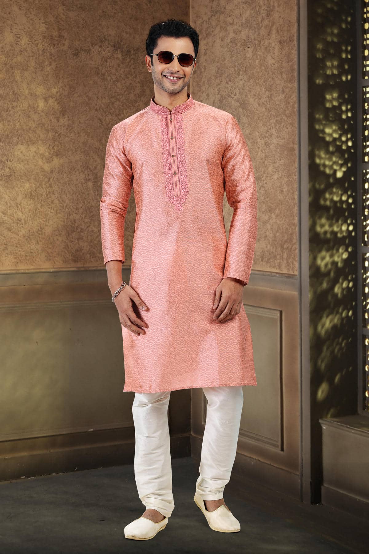 Jacquard Banarasi Silk Kurta Pajama In Cream colour KP1230358 B