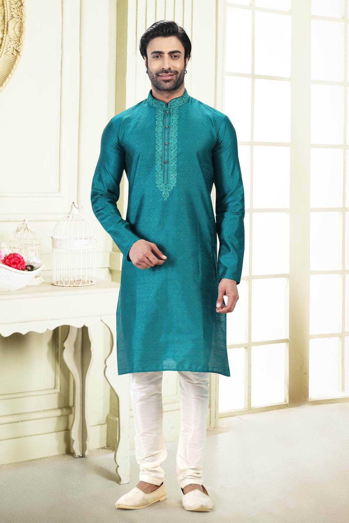 Jacquard Banarasi Silk Kurta Pajama In Cream colour KP1230359 A