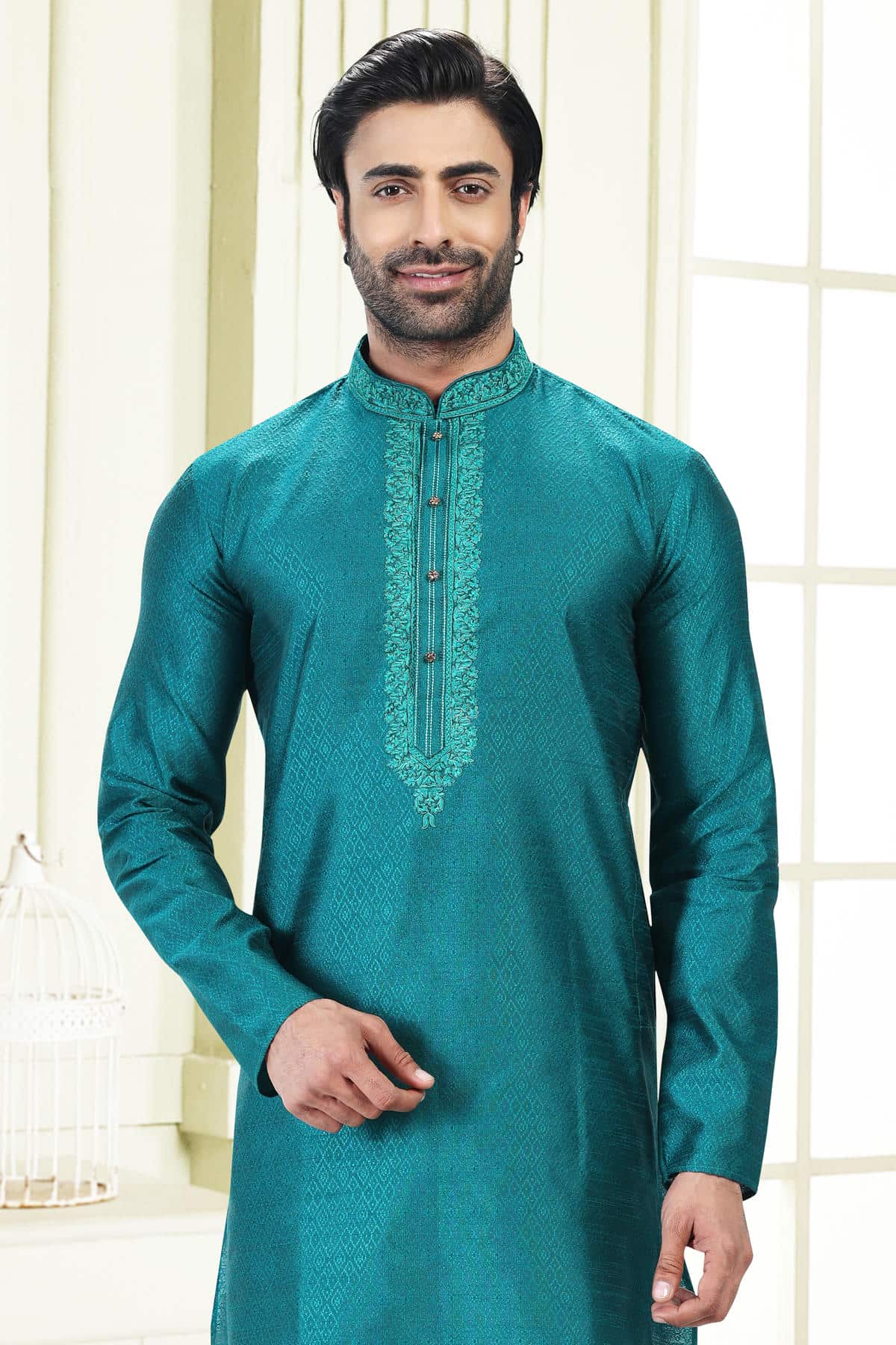 Jacquard Banarasi Silk Kurta Pajama In Cream colour KP1230359 D
