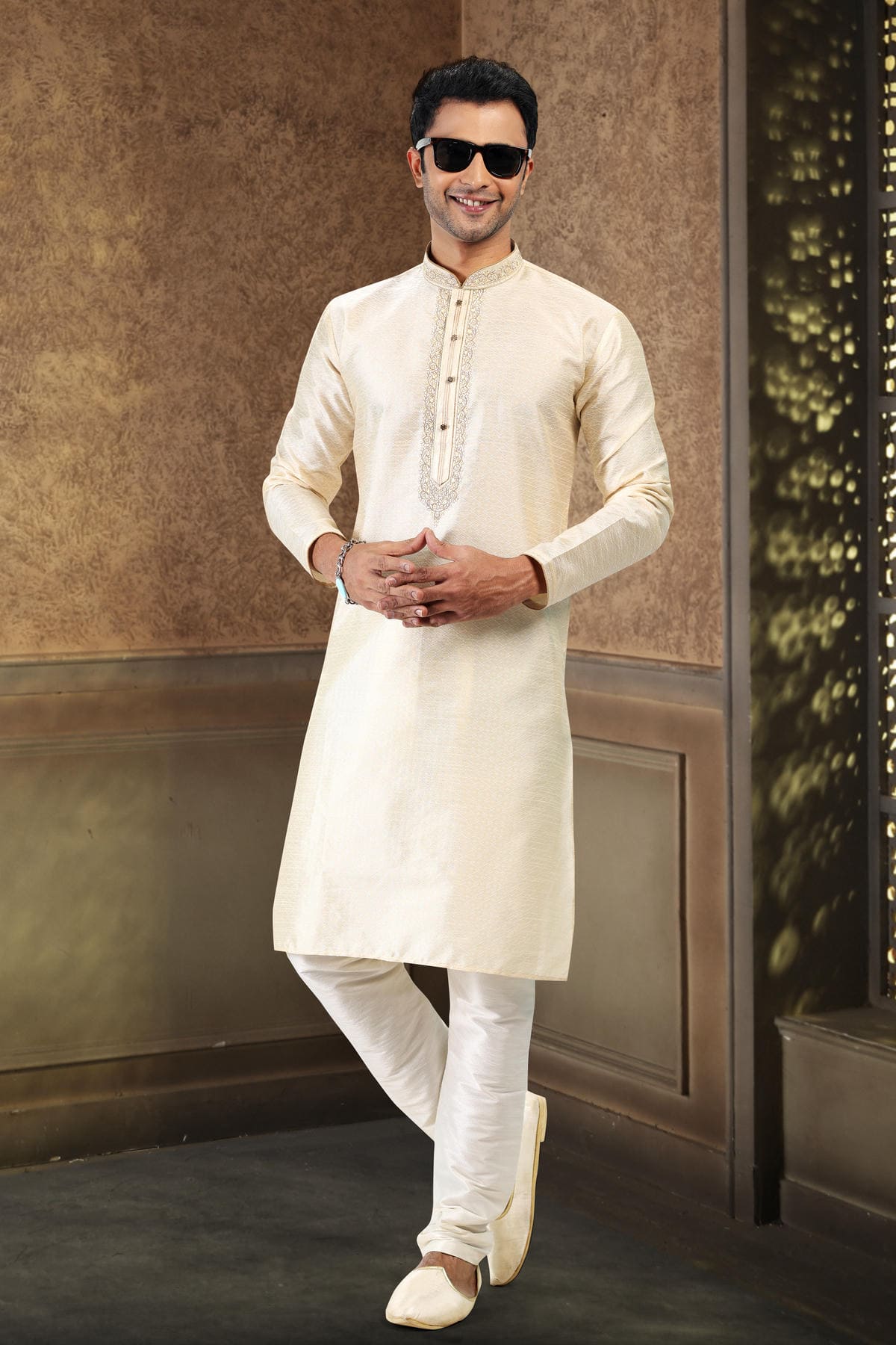 Jacquard Banarasi Silk Kurta Pajama In Cream colour KP1230361 B