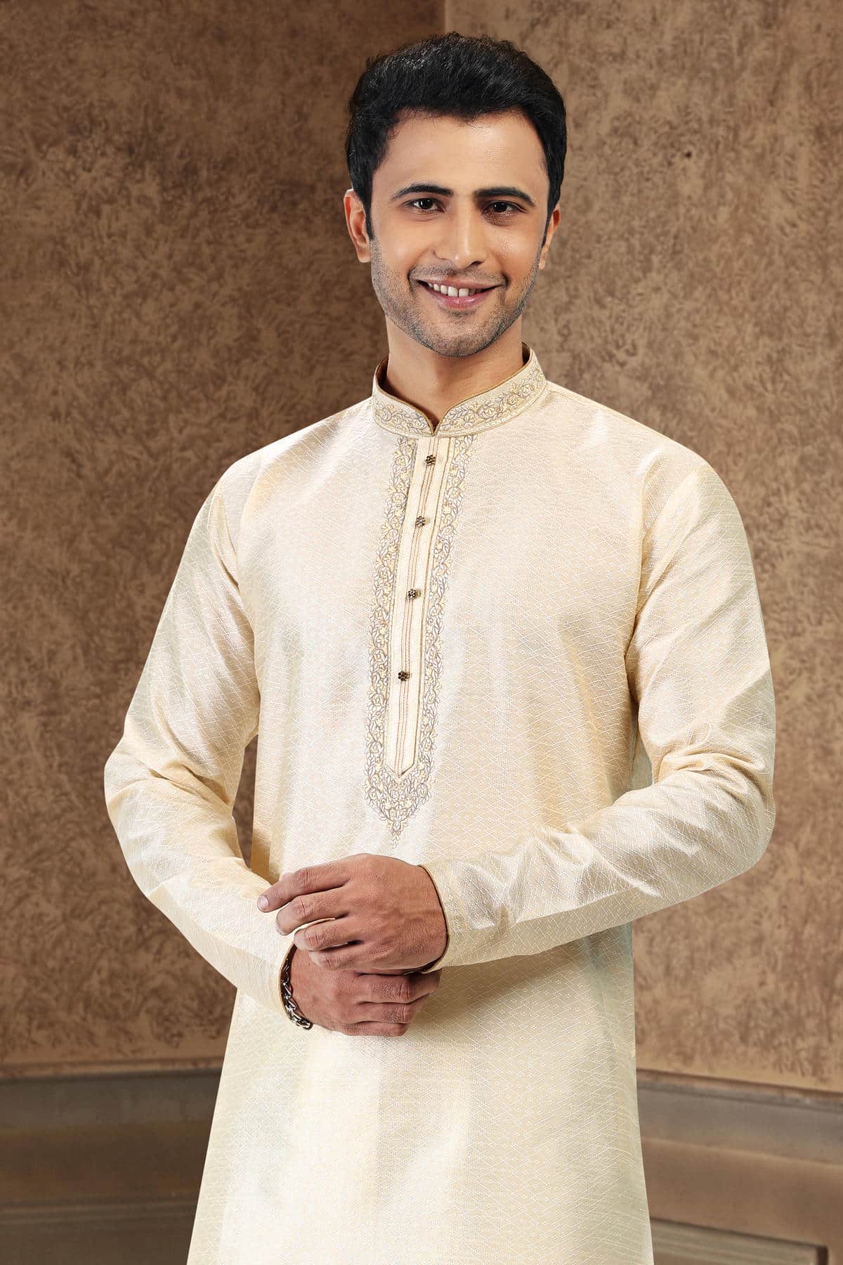 Jacquard Banarasi Silk Kurta Pajama In Cream colour KP1230361 D