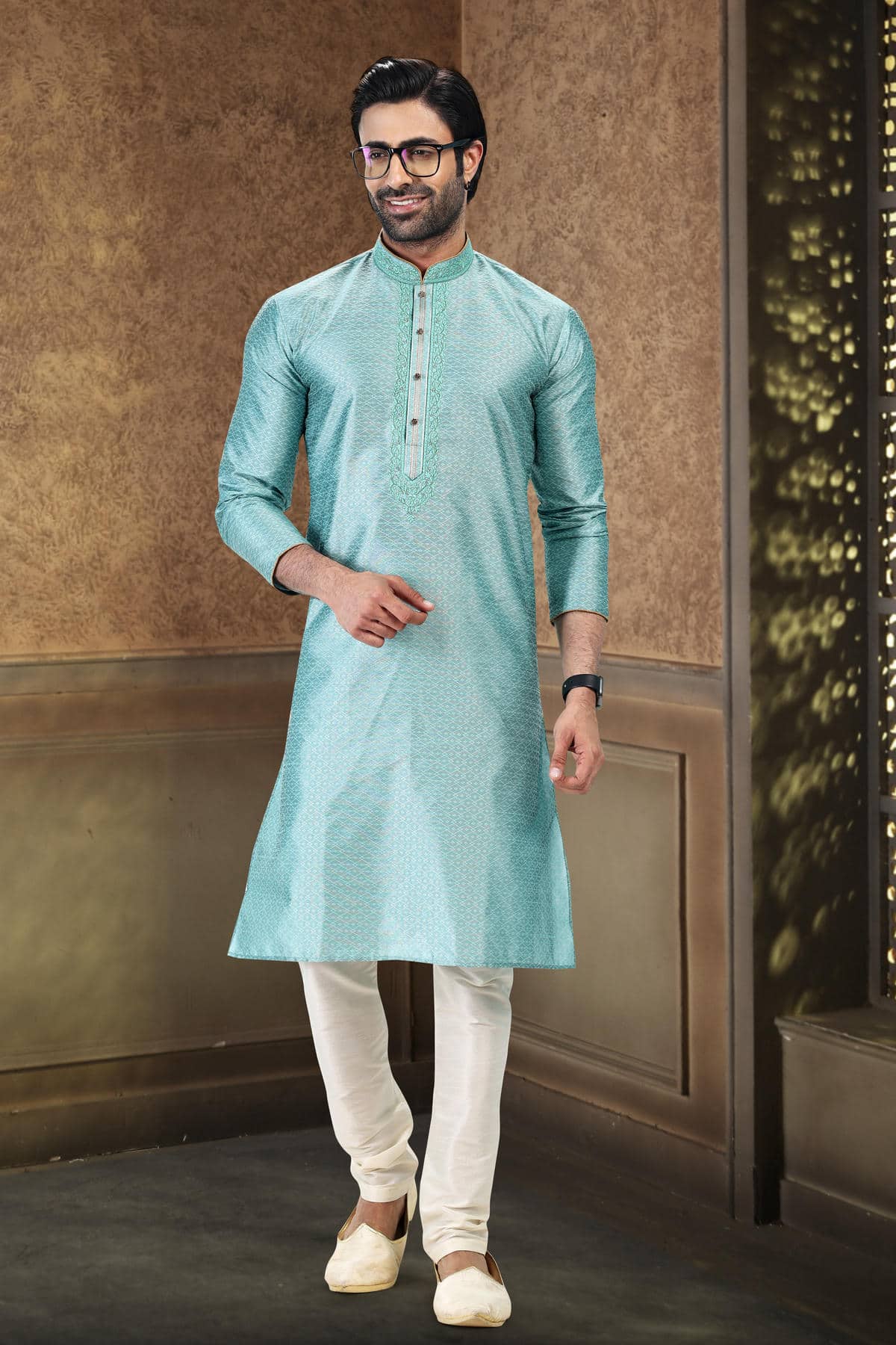 Jacquard Banarasi Silk Kurta Pajama In Cream colour KP1230362 B