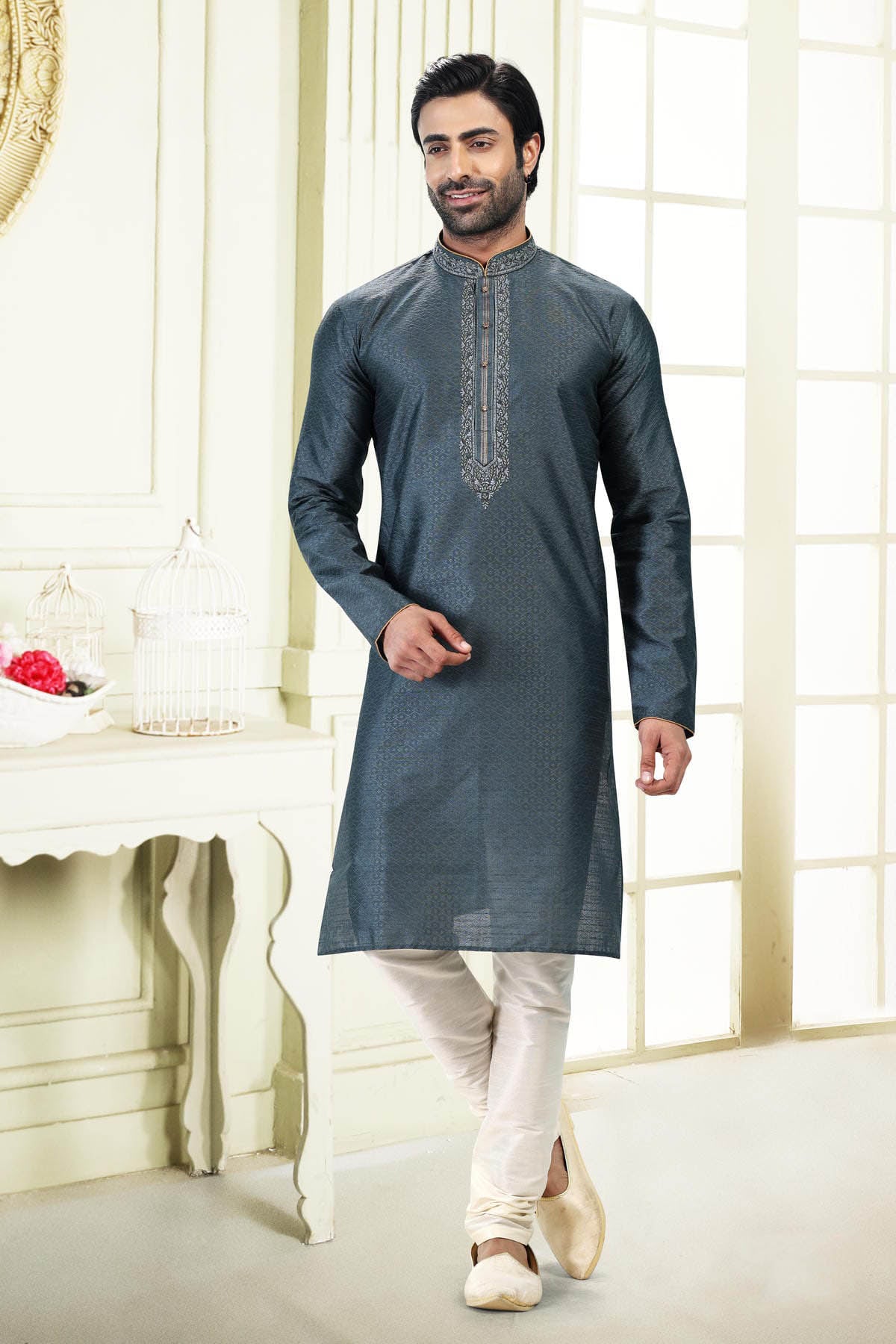 Jacquard Banarasi Silk Kurta Pajama In Cream colour KP1230363 A
