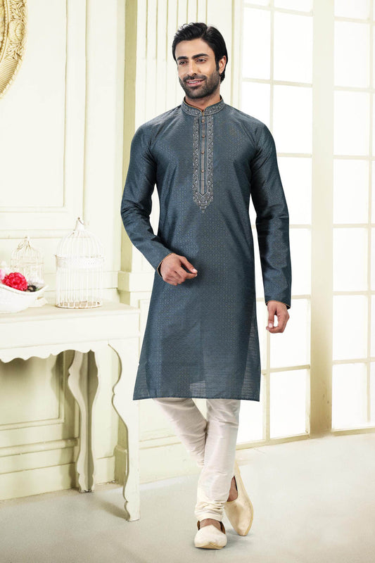 Jacquard Banarasi Silk Kurta Pajama In Cream colour KP1230363 A