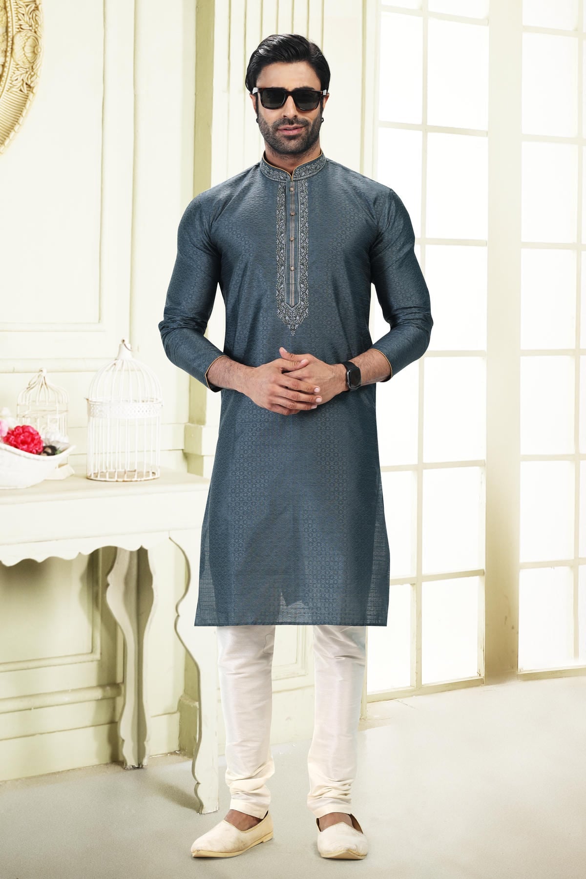 Jacquard Banarasi Silk Kurta Pajama In Cream colour KP1230363 B