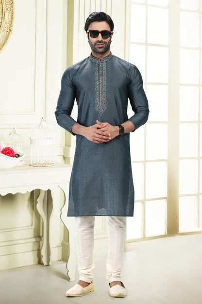 Jacquard Banarasi Silk Kurta Pajama In Cream colour KP1230363 B