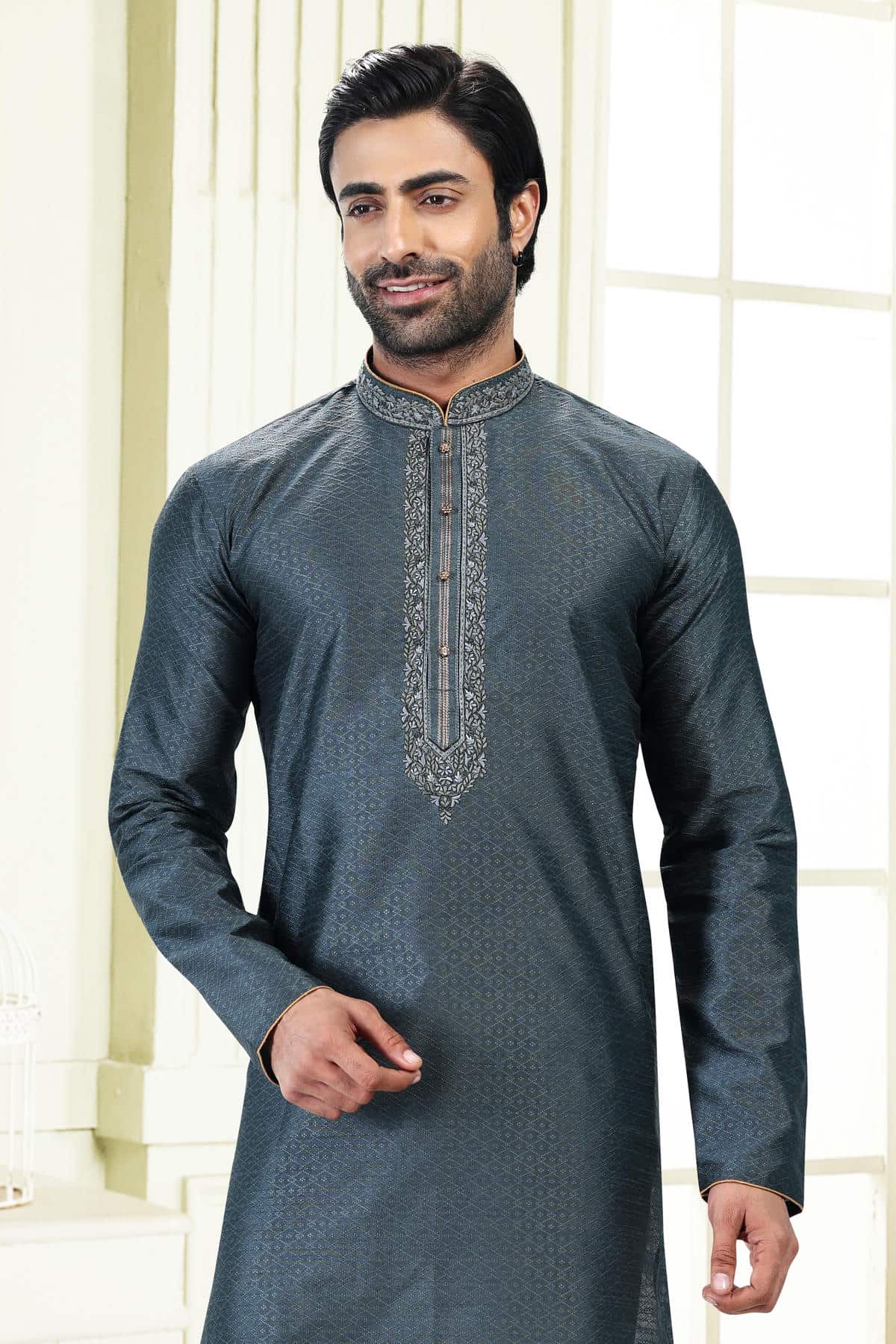 Jacquard Banarasi Silk Kurta Pajama In Cream colour KP1230363 D