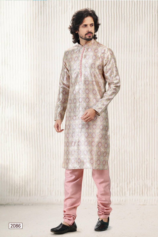 Jacquard Banarasi Silk Kurta Pajama In Cream Peach colour KP1230411 A