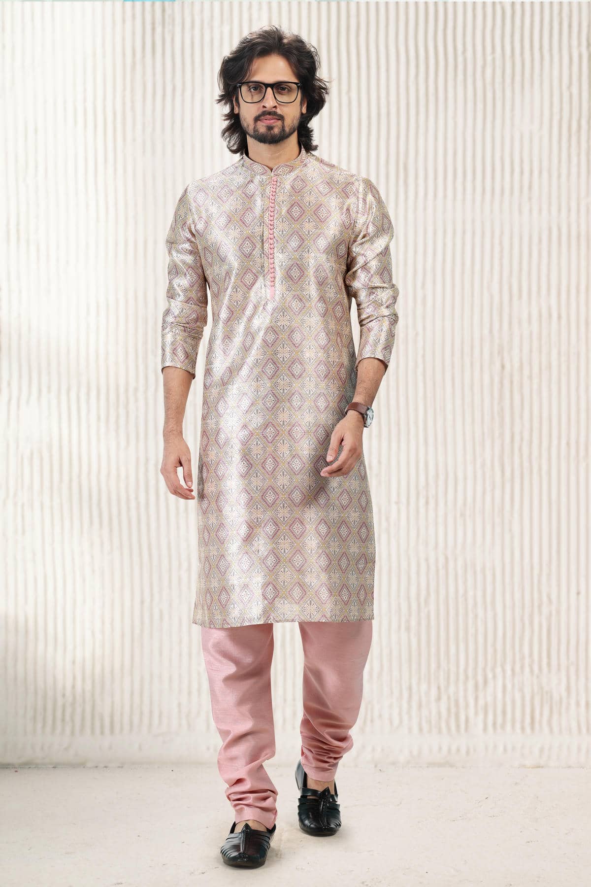 Jacquard Banarasi Silk Kurta Pajama In Cream Peach colour KP1230411 B