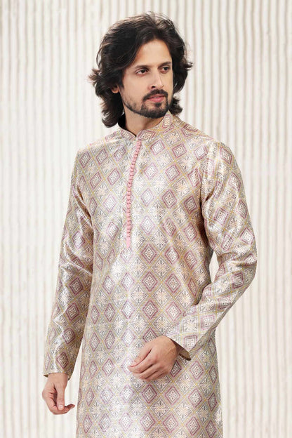 Jacquard Banarasi Silk Kurta Pajama In Cream Peach colour KP1230411 D
