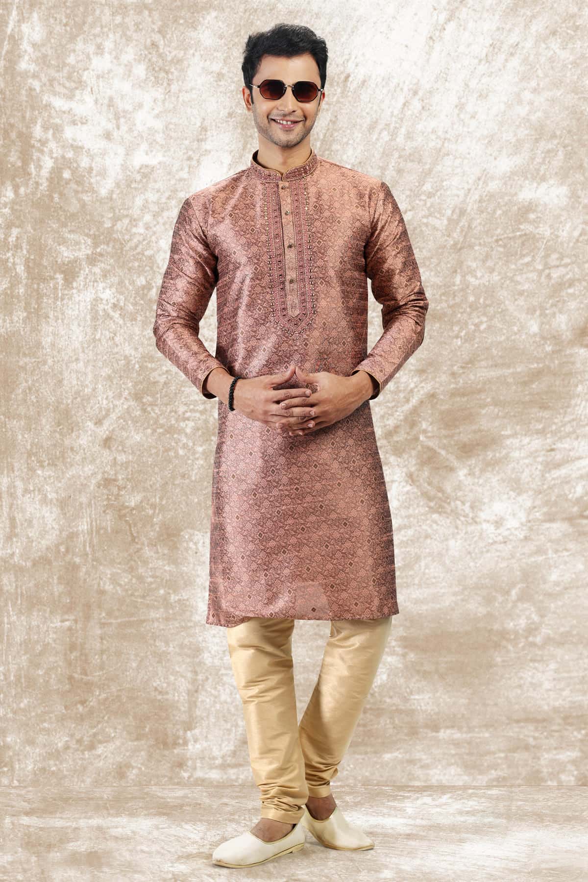 Jacquard Silk Brocade Kurta Pajama In Beige colour KP1230345 B