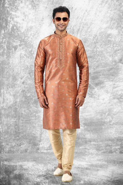 Jacquard Silk Brocade Kurta Pajama In Beige colour KP1230349 B
