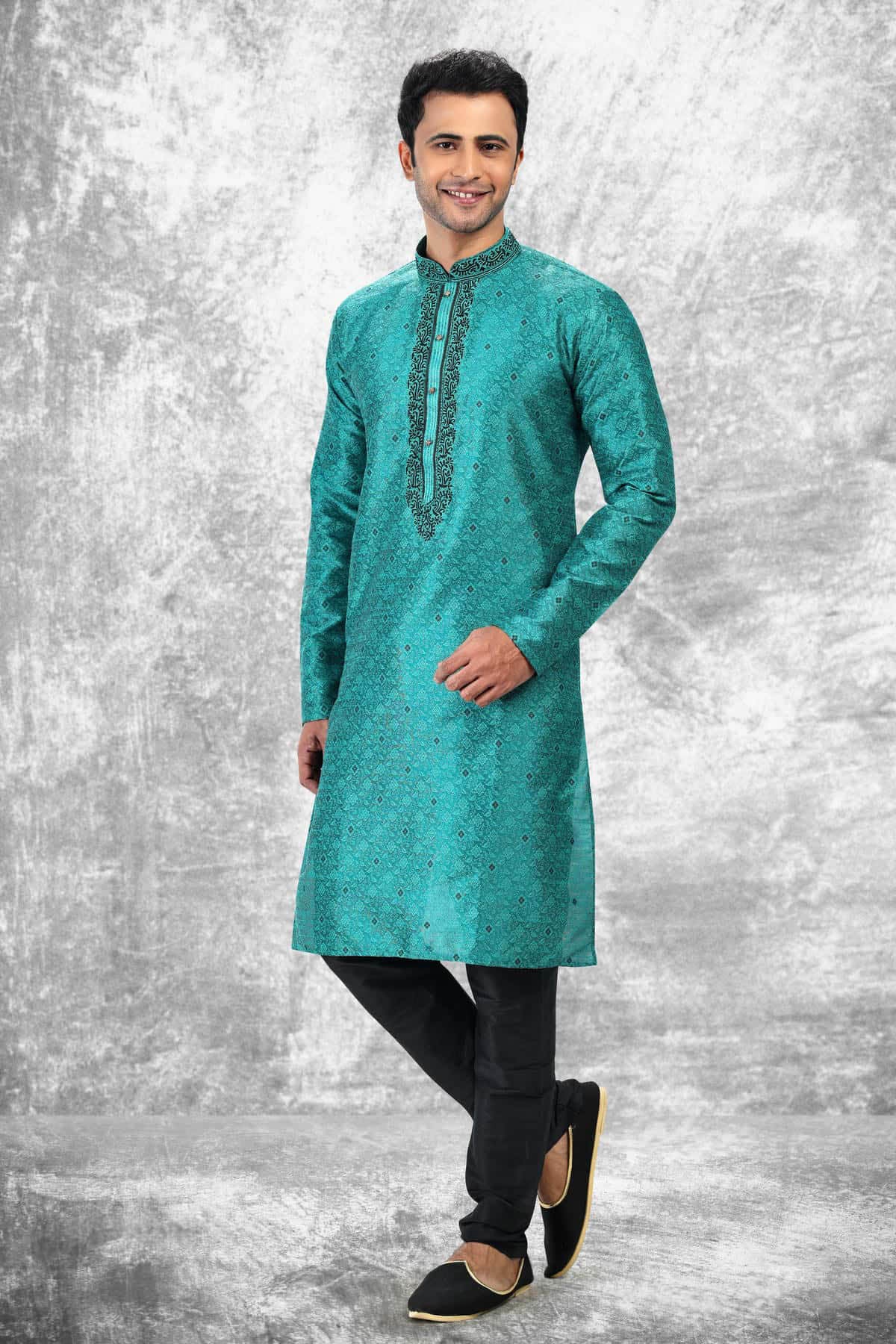 Jacquard Silk Brocade Kurta Pajama In Black colour KP1230352 A