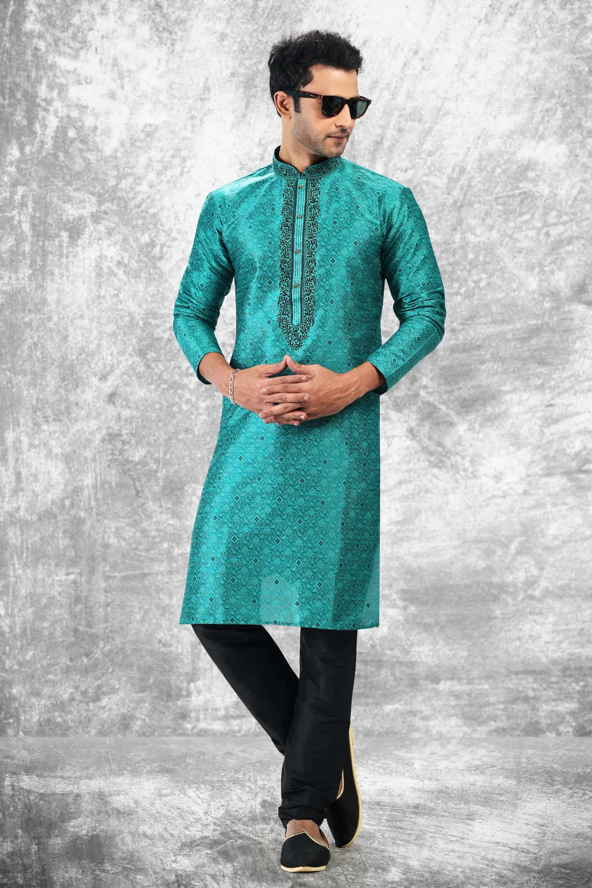 Jacquard Silk Brocade Kurta Pajama In Black colour KP1230352 B