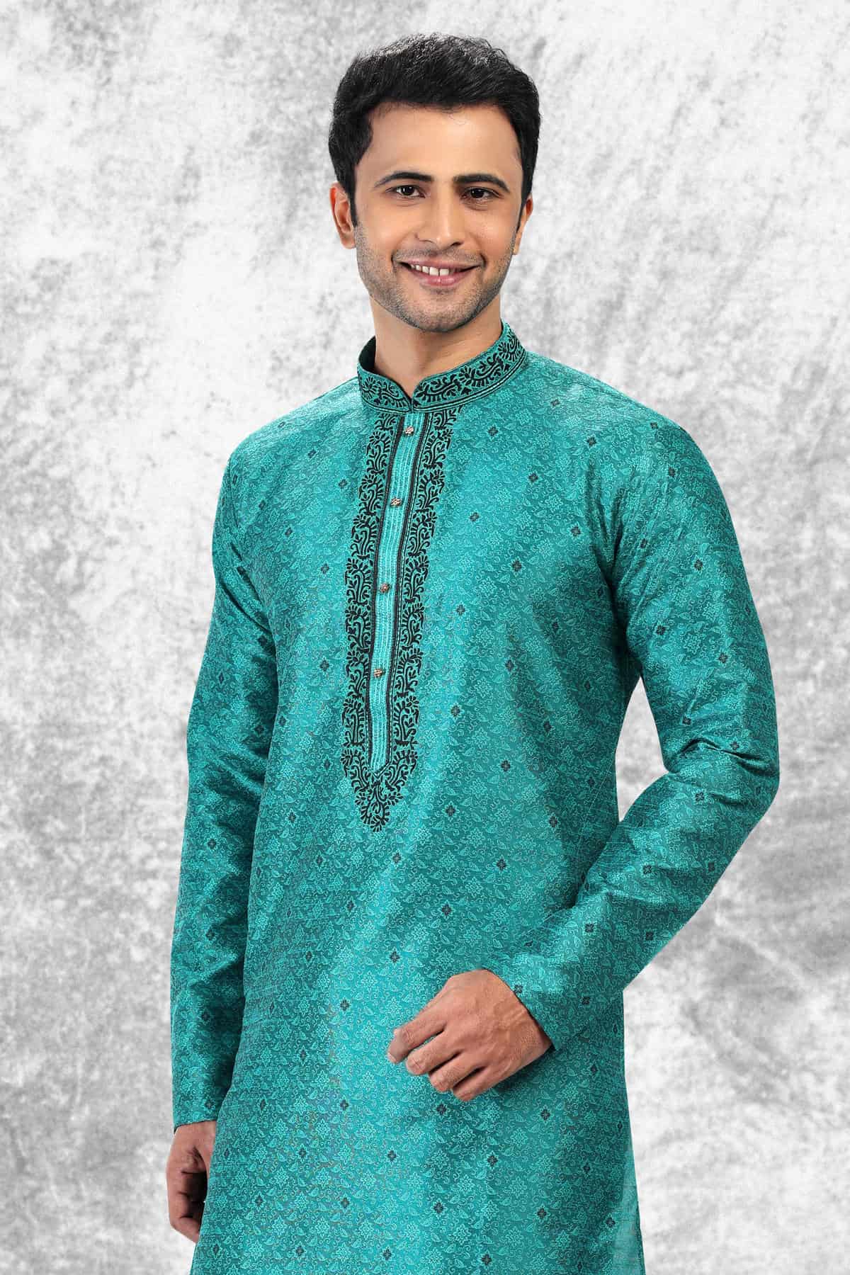 Jacquard Silk Brocade Kurta Pajama In Black colour KP1230352 D