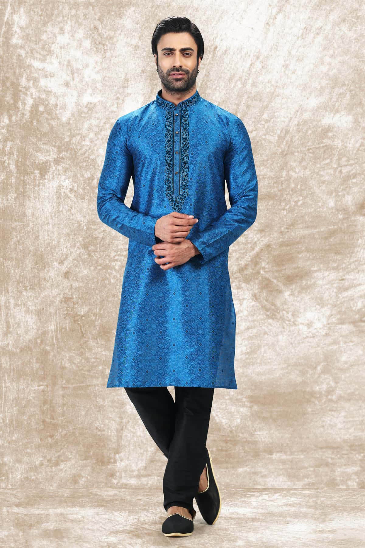 Jacquard Silk Brocade Kurta Pajama In Black colour KP1230353 A
