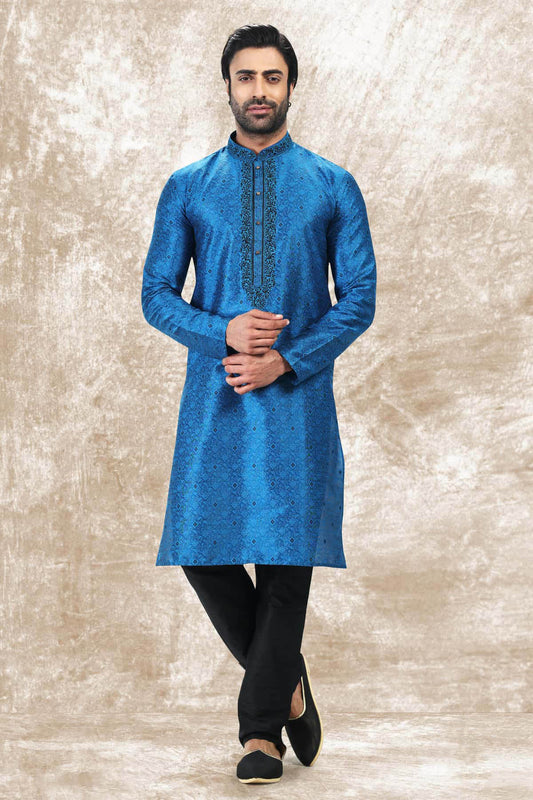 Jacquard Silk Brocade Kurta Pajama In Black colour KP1230353 A