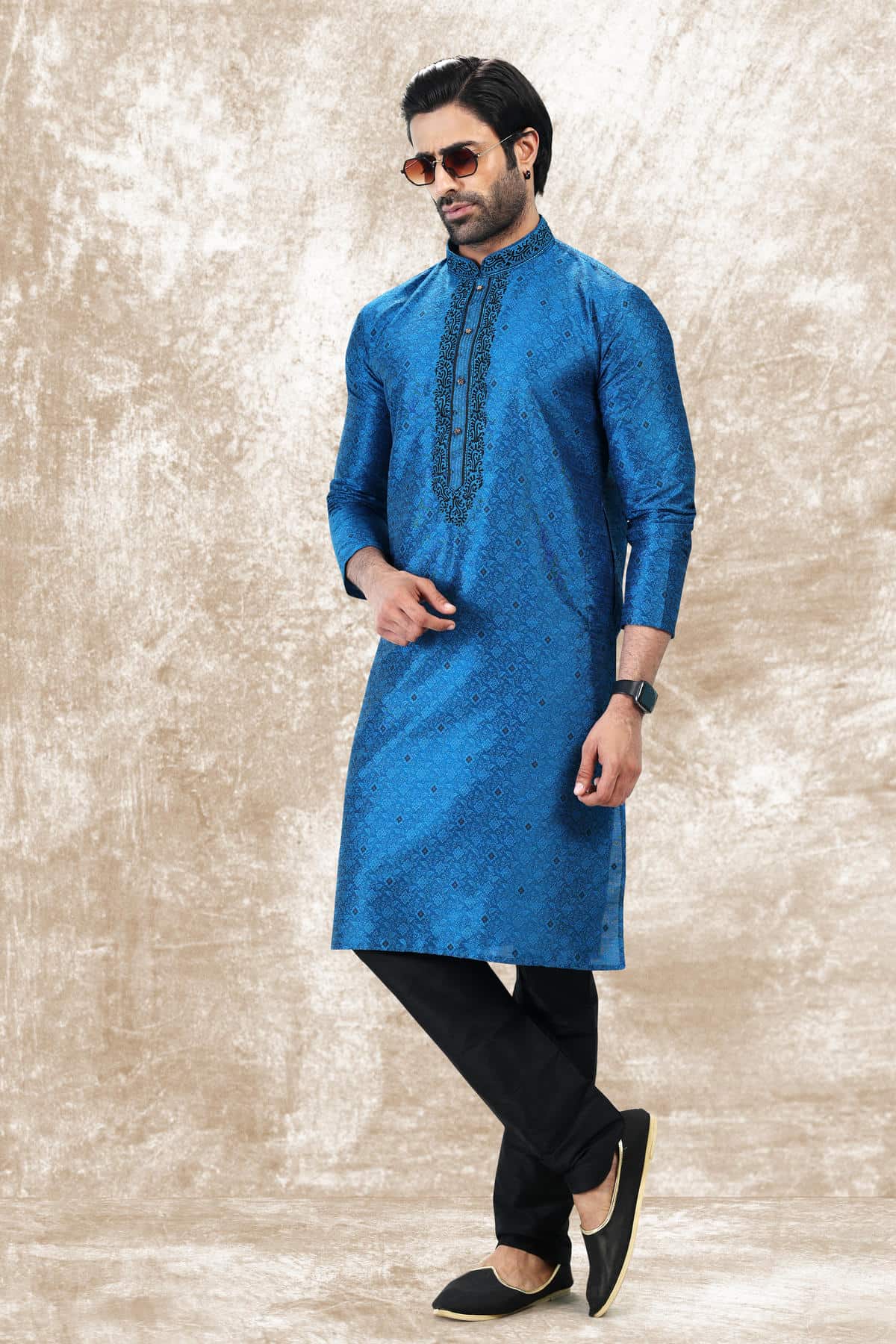 Jacquard Silk Brocade Kurta Pajama In Black colour KP1230353 B