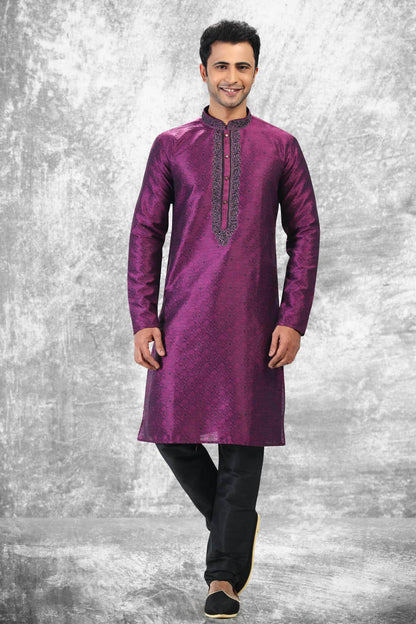 Jacquard Silk Brocade Kurta Pajama In Black colour KP1230354 A