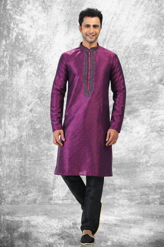 Jacquard Silk Brocade Kurta Pajama In Black colour KP1230354 A