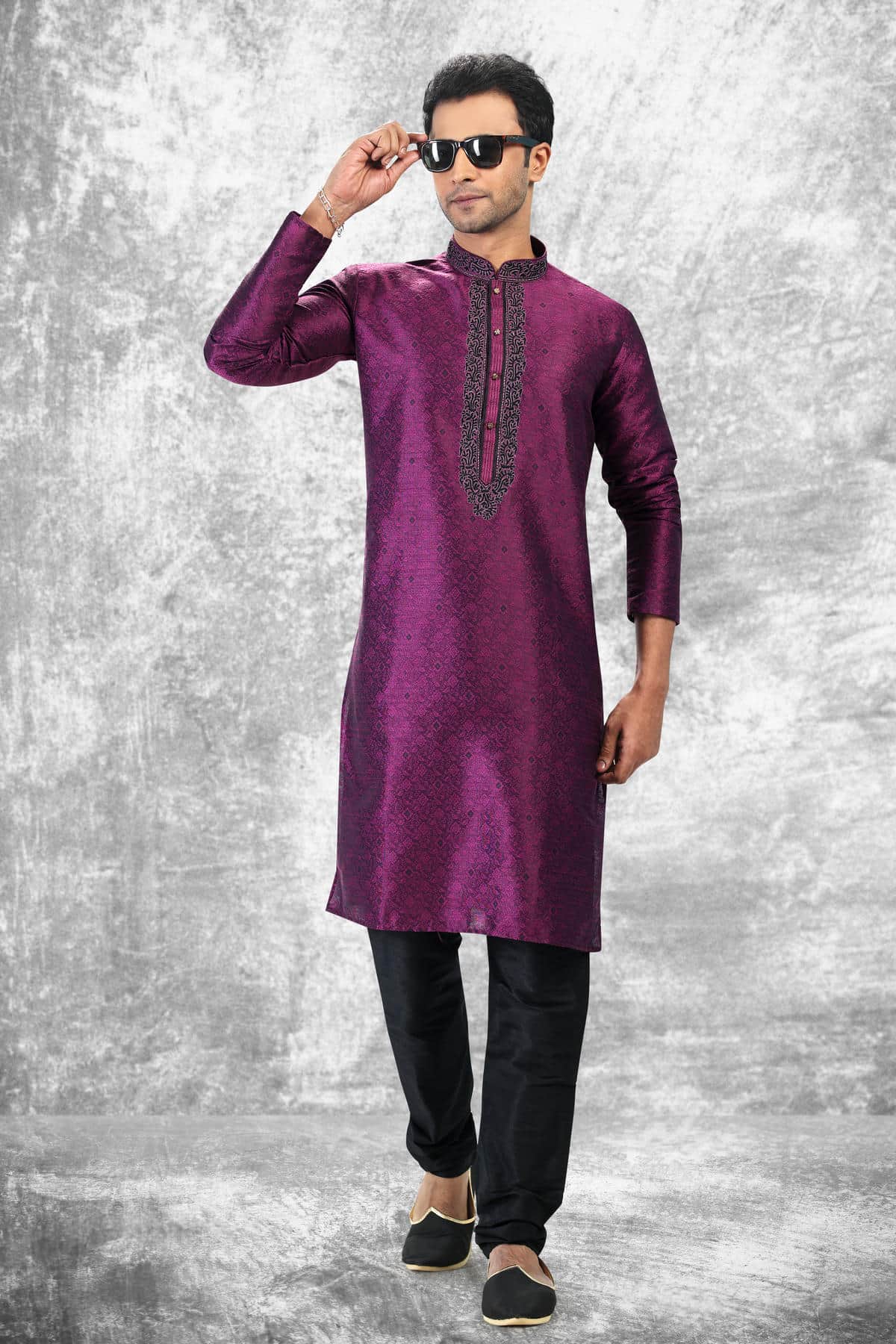 Jacquard Silk Brocade Kurta Pajama In Black colour KP1230354 B