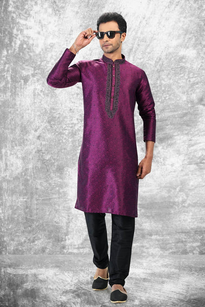 Jacquard Silk Brocade Kurta Pajama In Black colour KP1230354 B