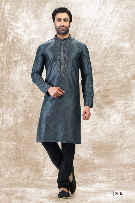 Jacquard Silk Brocade Kurta Pajama In Black colour KP1230355 A