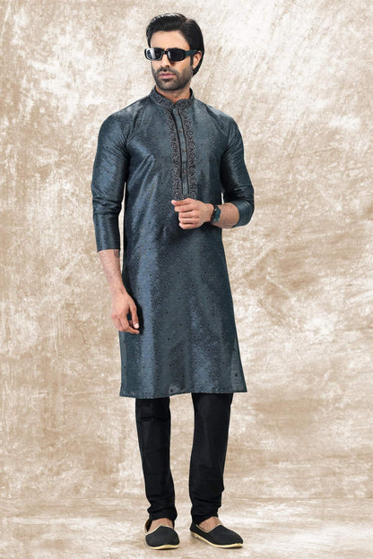 Jacquard Silk Brocade Kurta Pajama In Black colour KP1230355 B