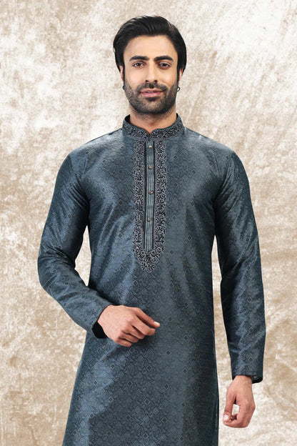 Jacquard Silk Brocade Kurta Pajama In Black colour KP1230355 D