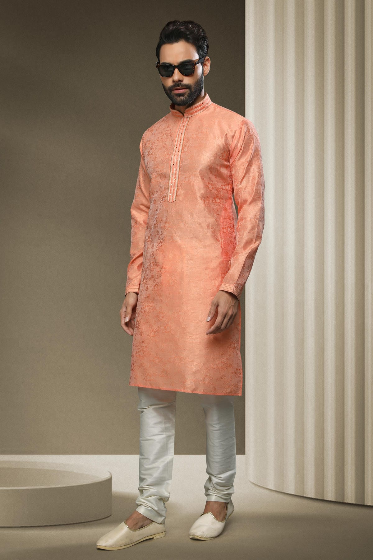 Jacquard Silk Brocade Kurta Pajama In Cream colour KP1230314 A
