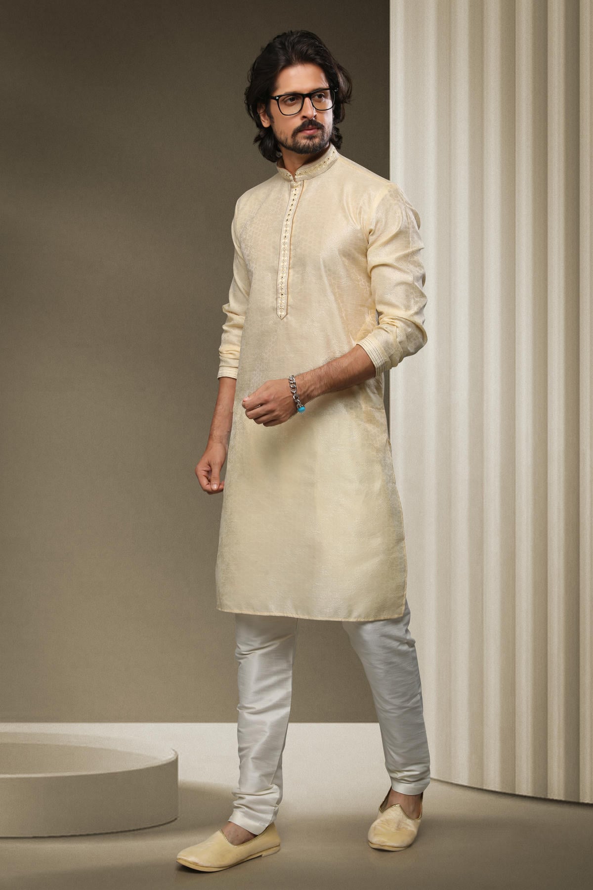 Jacquard Silk Brocade Kurta Pajama In Cream colour KP1230315 A