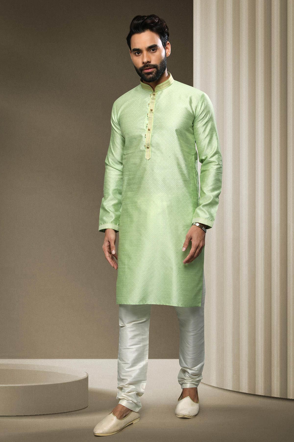 Jacquard Silk Brocade Kurta Pajama In Cream colour KP1230317