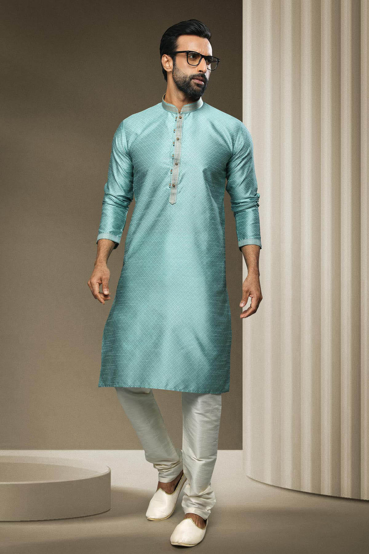Jacquard Silk Brocade Kurta Pajama In Cream colour KP1230318 A