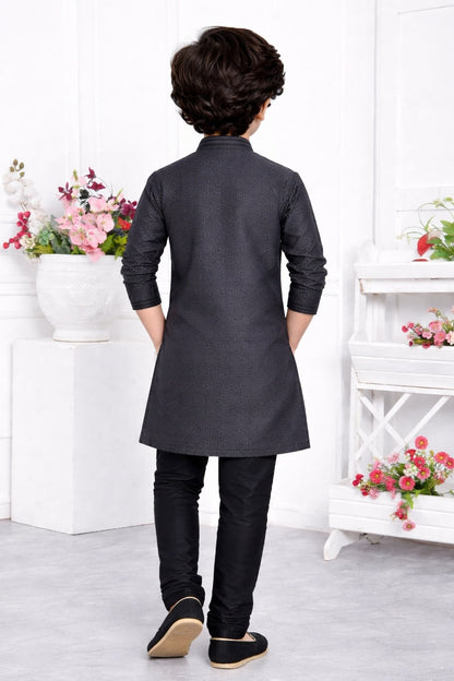 Jacquard Silk Brocade Pintux Work Kids Kurta Pajama In Black Colour