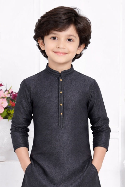 Jacquard Silk Brocade Pintux Work Kids Kurta Pajama In Black Colour