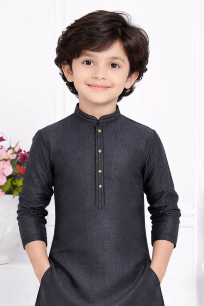 Jacquard Silk Brocade Pintux Work Kids Kurta Pajama In Black Colour