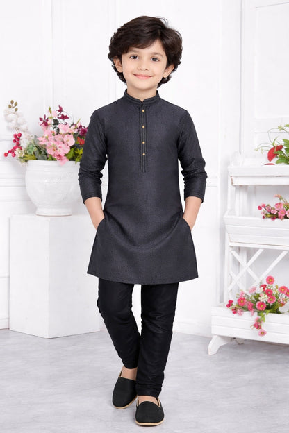 Jacquard Silk Brocade Pintux Work Kids Kurta Pajama In Black Colour