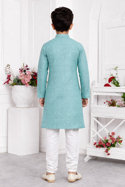 Jacquard Silk Brocade Pintux Work Kids Kurta Pajama In Blue Colour