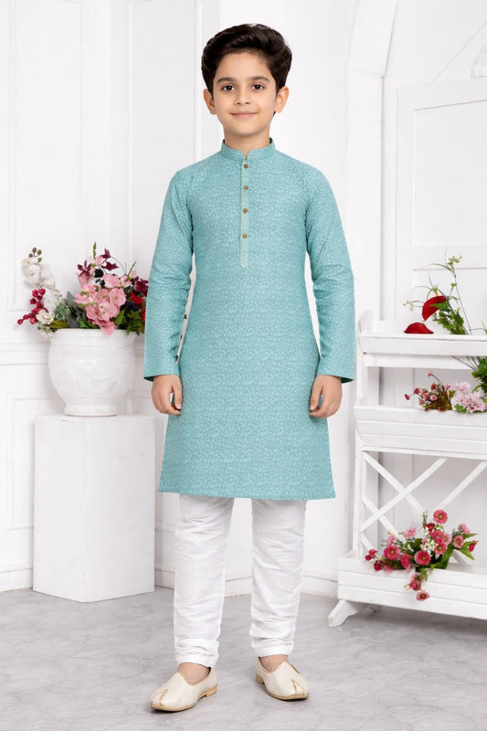 Jacquard Silk Brocade Pintux Work Kids Kurta Pajama In Blue Colour