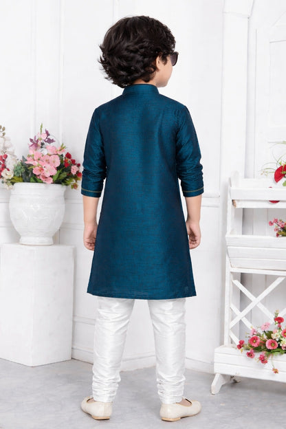 Jacquard Silk Brocade Pintux Work Kids Kurta Pajama In Blue Colour